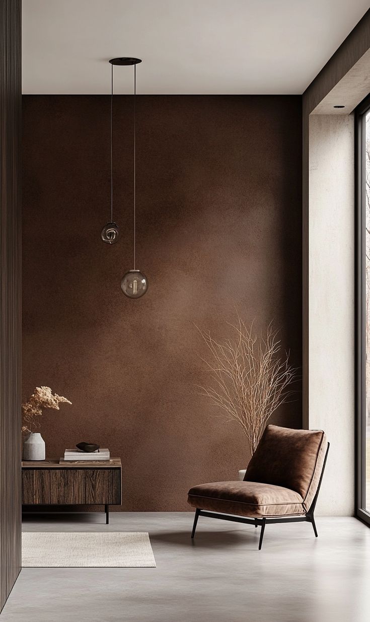 angulo arquitetonico de living com poltrona ornando uma parede mocha mousse com textura irregular...