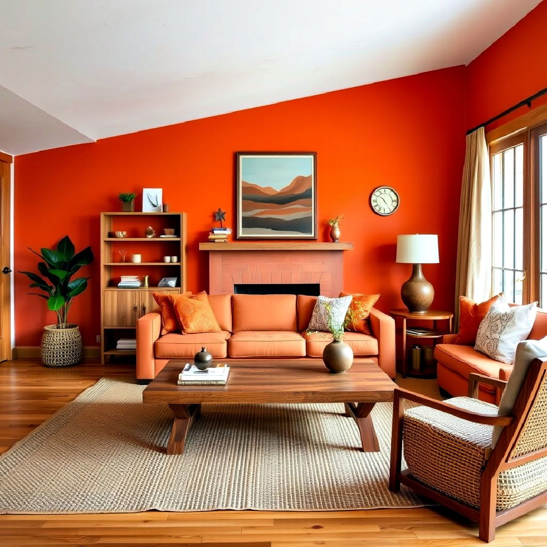 Sala de estar com combinação de laranja queimado e madeira natural