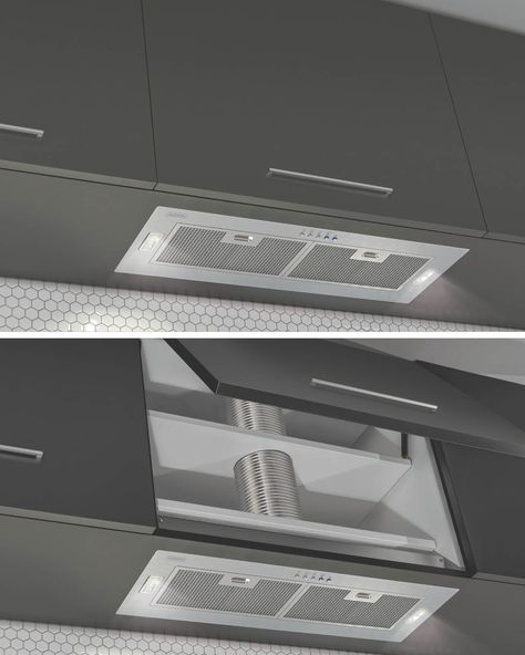 Coifa estilo minimalista embutida na marcenaria aparente somente na parte inferior com detalhe mo...