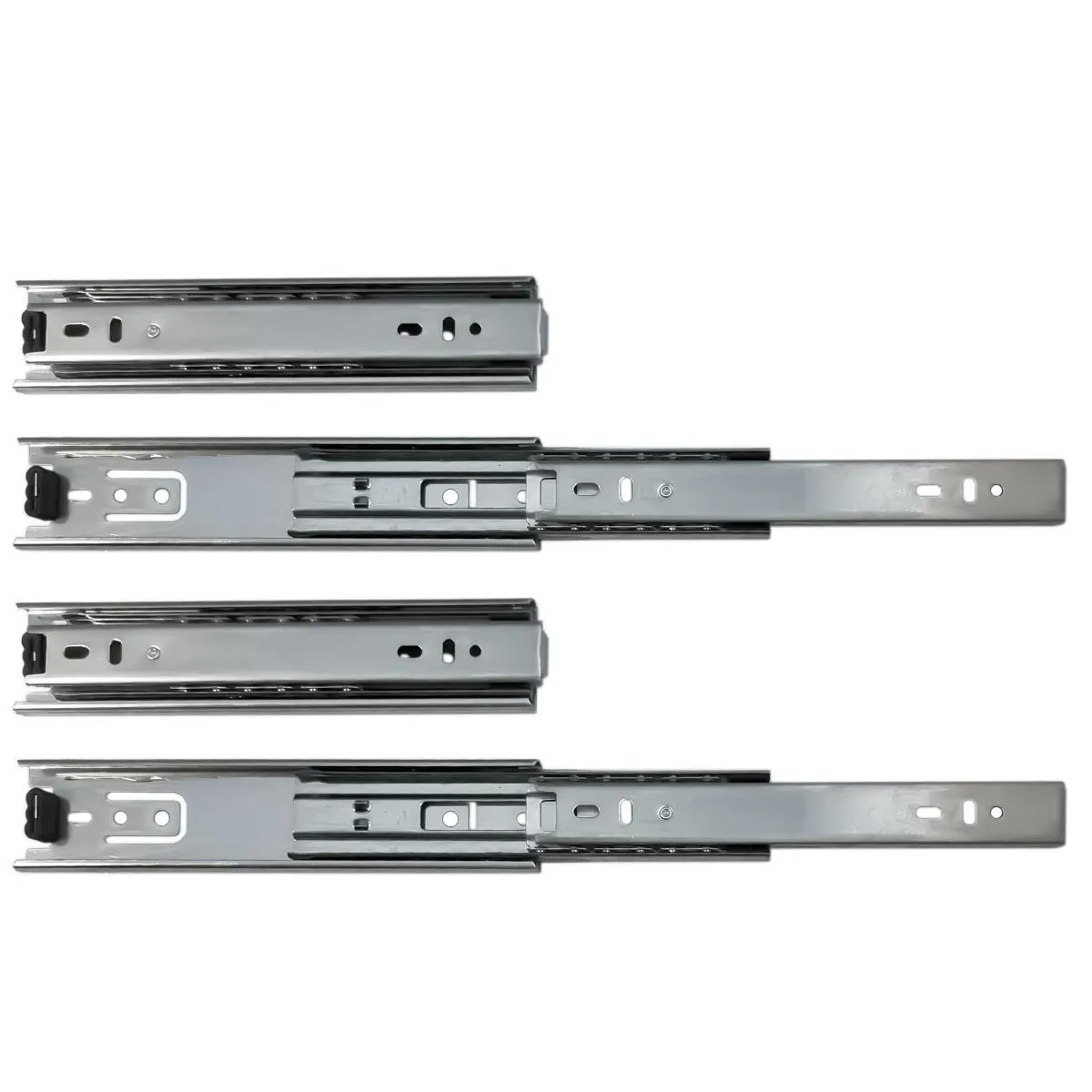 Corrediça telescopica vista lateral em estado fechado e aberto mostrando a extracao total