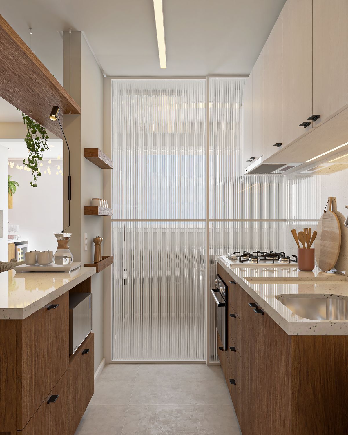 Cozinha compacta elegante madeira escura nogueira microondas embutido