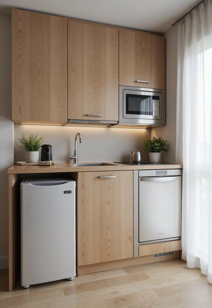 Cozinha completa com frigobar, maquina lavar loucas e microondas embutido no mesmo modulo