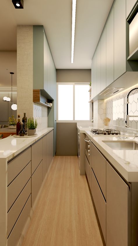 Cozinha Corredor estreita com um dos lados menos profundo com prateleiras