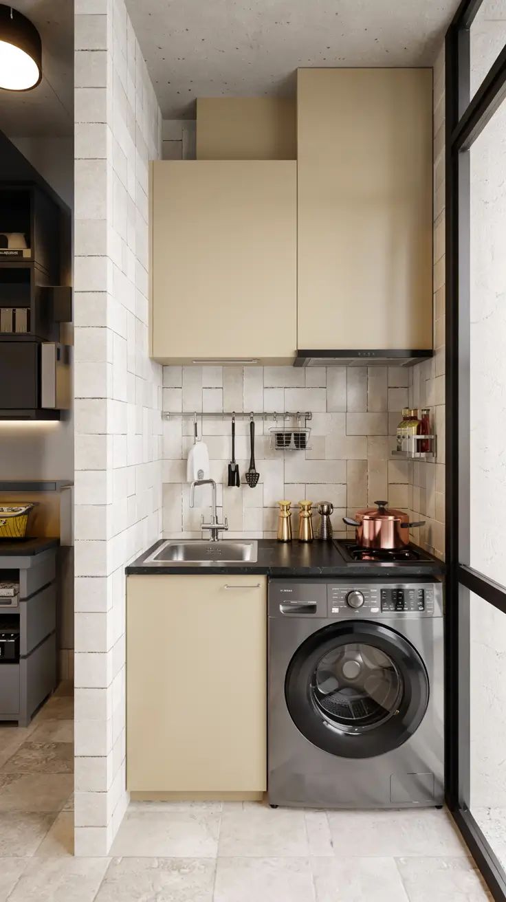 Cozinha minuscula com pia, fogao e maquina de lavar roupas em um espaço de no maximo 1,5m, com m...