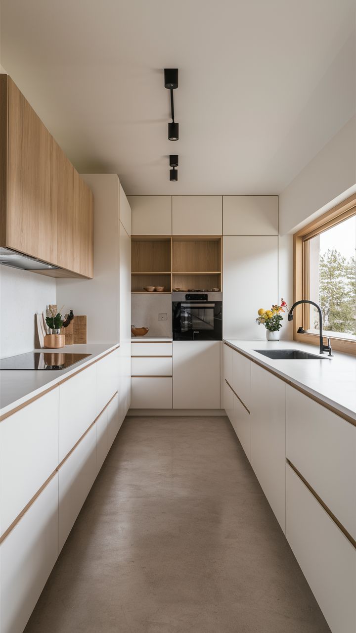 Cozinha paralela elegante escandinava piso concreto marcenaria clara