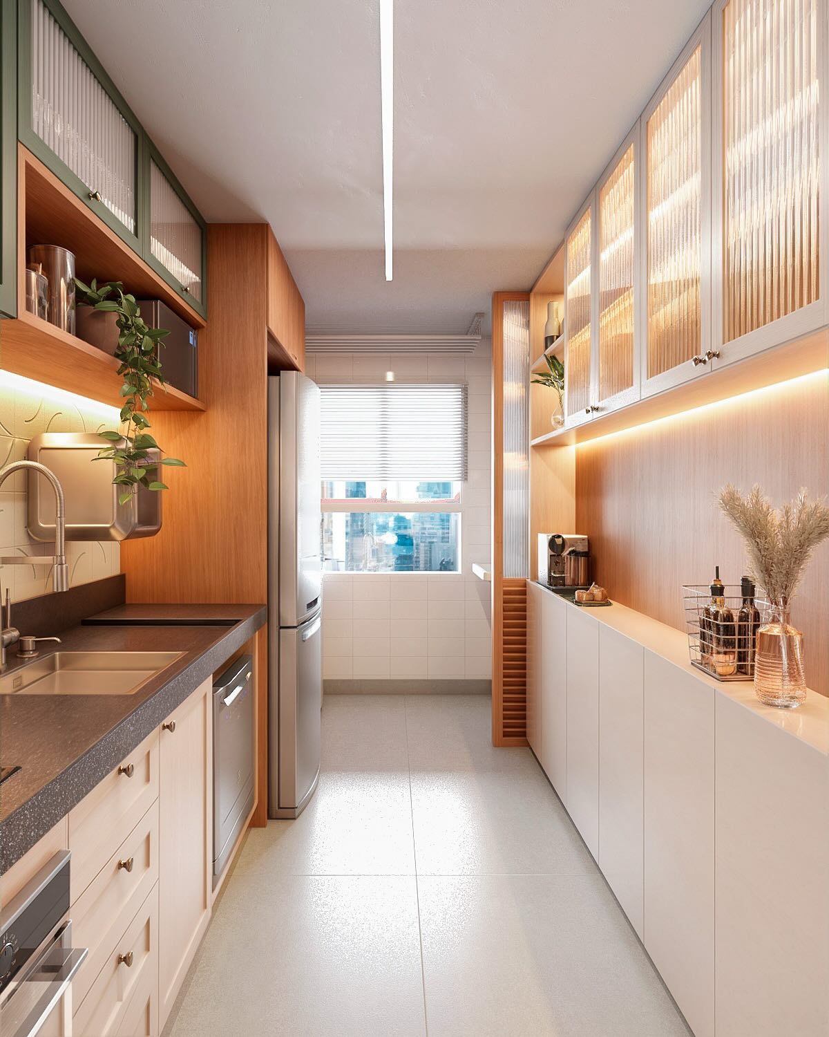 Cozinha paralela provençal branco com tauari epspaçosa e detalhes clássicos