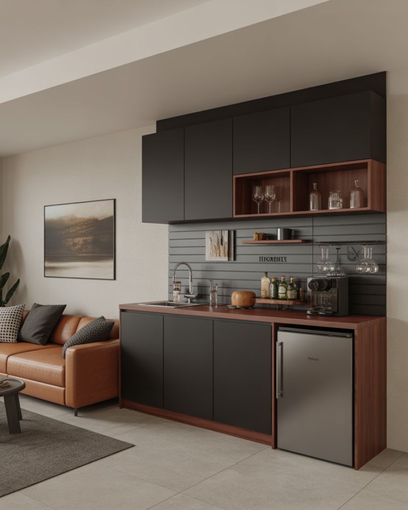 Cozinha pequena e completa com frigobar e pia, bancada ampla com cafeteira