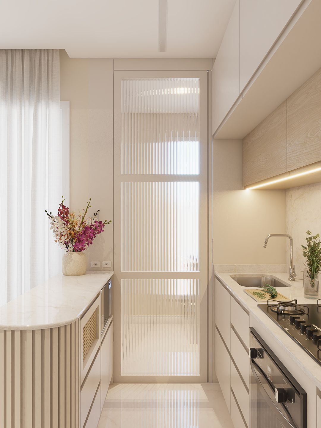 Cozinha pequena estilo boho com madeira curva ripada branca microondas baixo e dois niveis nos aréus