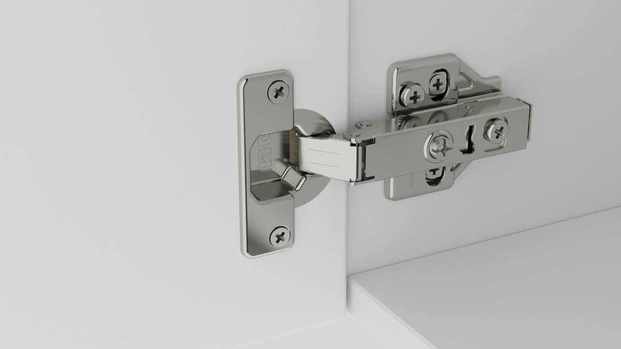 Dobradiça regulagem 3D instalada com porta mostrando todos os eixos de ajuste