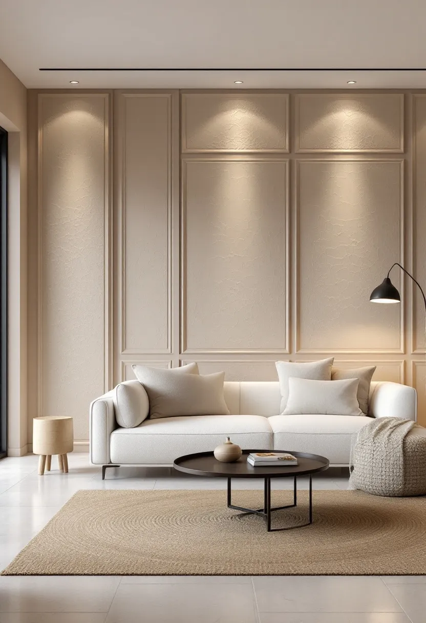 Living em tons neutros com parede boiserie em bege claro, sofá branco e iluminação quente