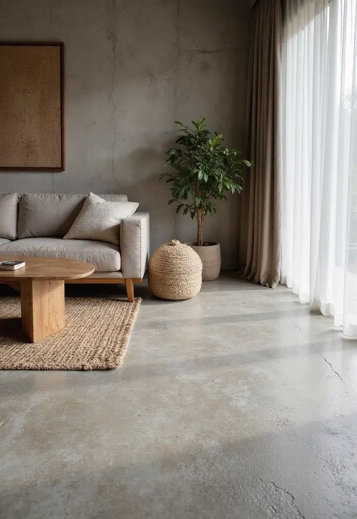 Living com cimento queimado mostrando algumas imperfeições e variações de tom