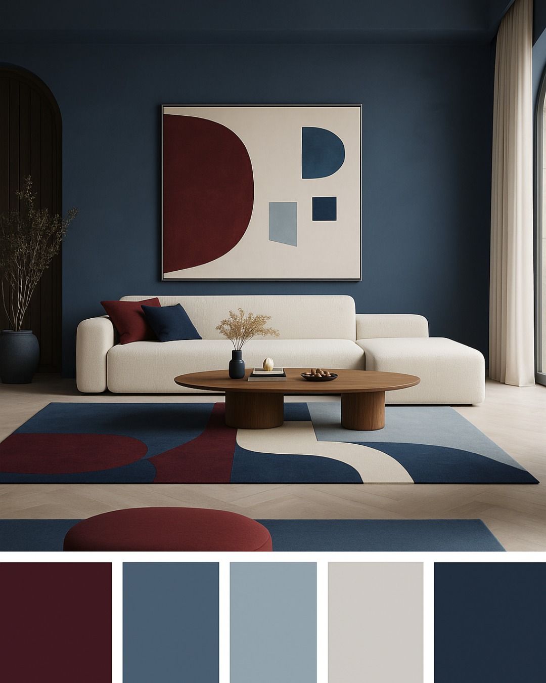 living com paleta de cores vibrantes como o vinho escuro, azul secreto, teal, giz e azul marinho