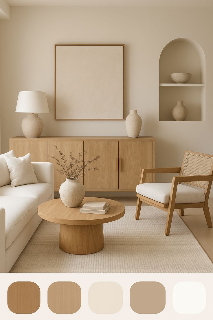 living com tecidos e parede na cor branca e bege claro com marcenaria em tons claros de jequitiba...