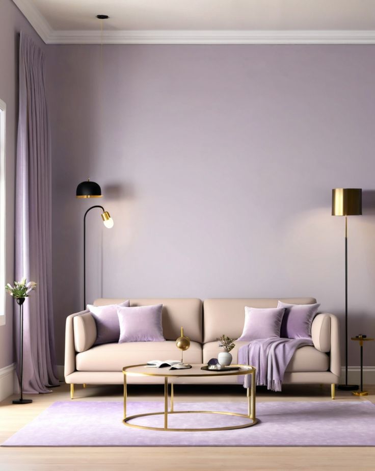 living com tons claros de roxo e detalhes em dourado
