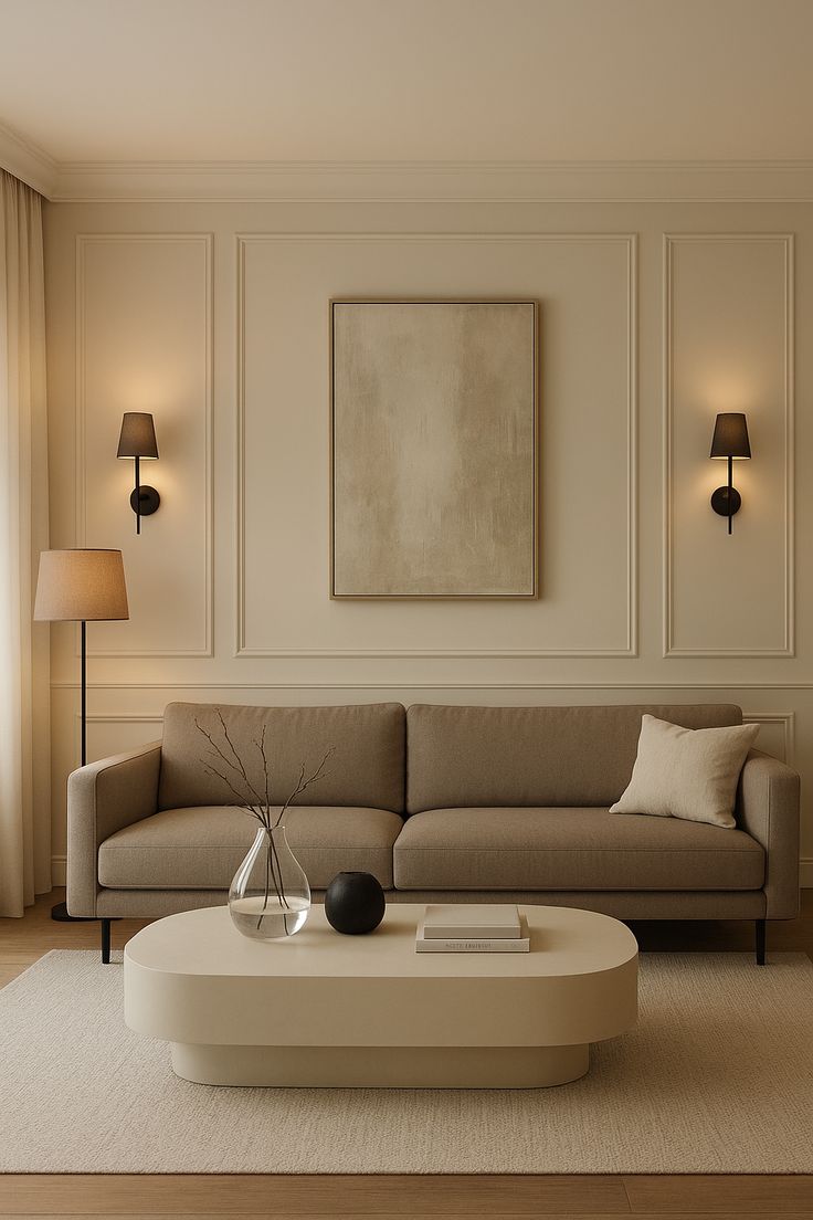 Living contemporaneo com paredes boiserie e luminárias e quadro na parede