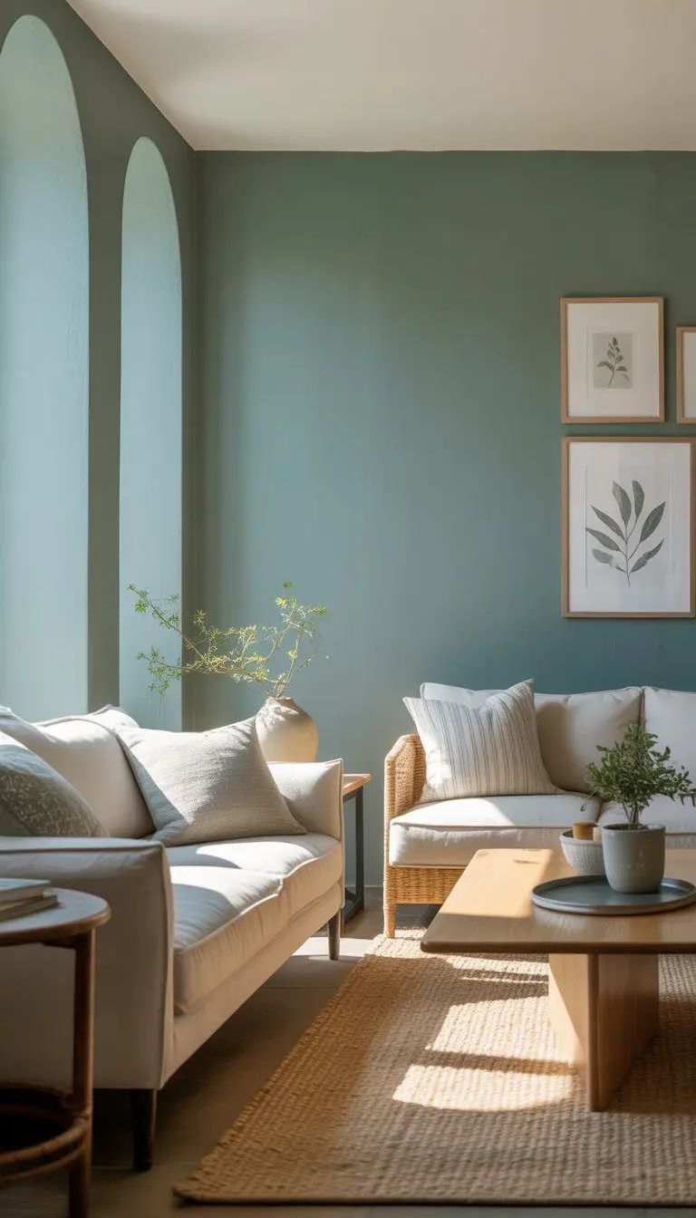 Living em estilo boho com moveis em palha, bege, madeira clara e uma parede inteira em transforma...