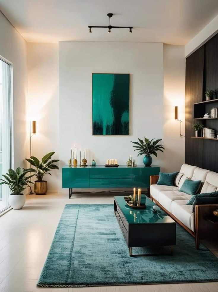 Living explorando contraste com transformative teal no tapete, quadro, aparador e mesa de centro ...