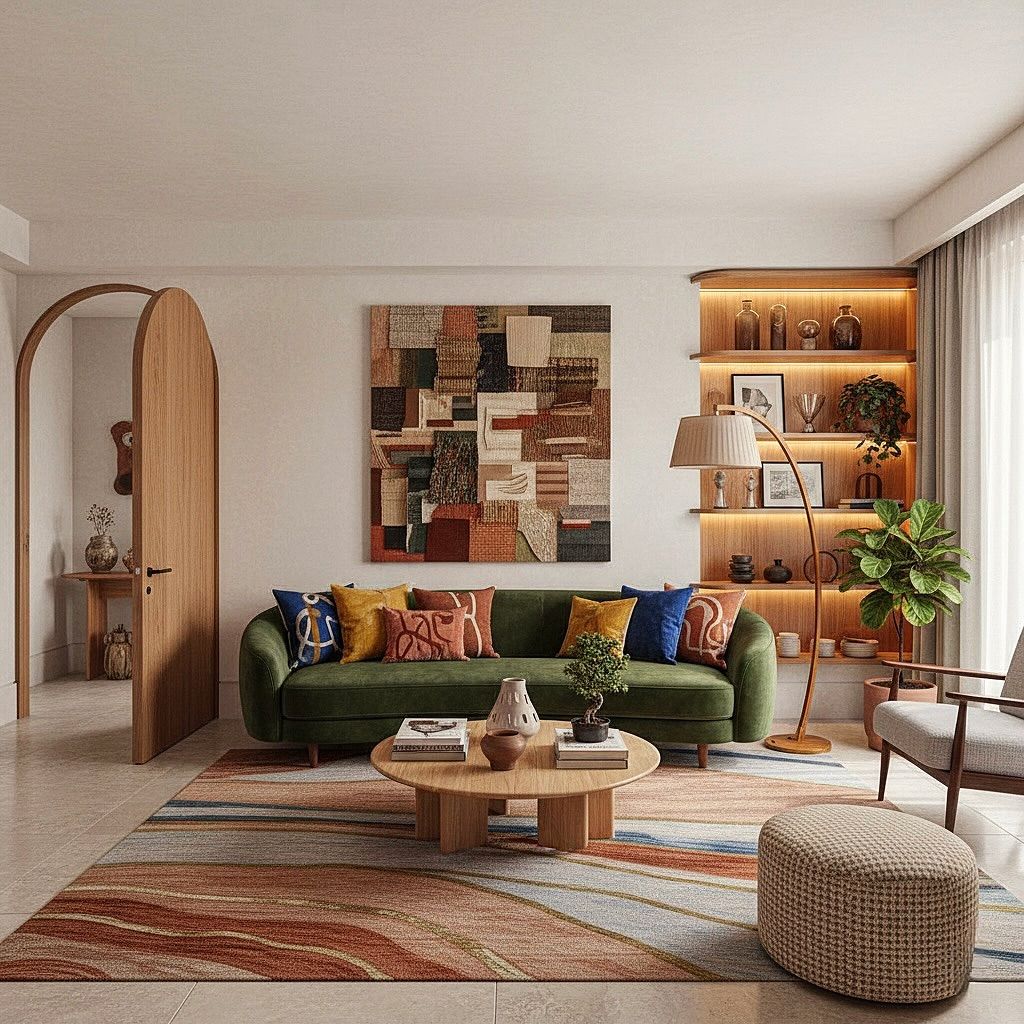 Living maximalist com sofa, parede e quadros em cores abundantes e vibrantes, com texturas e form...