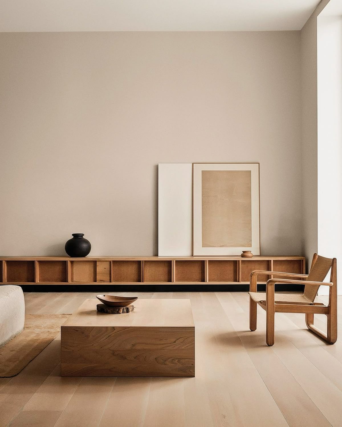 Living minimalista com moveis e piso na madeira natural em estilo minimalista, parede clean e um ...