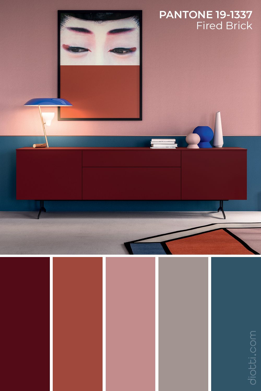 parede com aparador em composicao de cores neon como vinho, terracota, salmão, cinza chalk e azul...