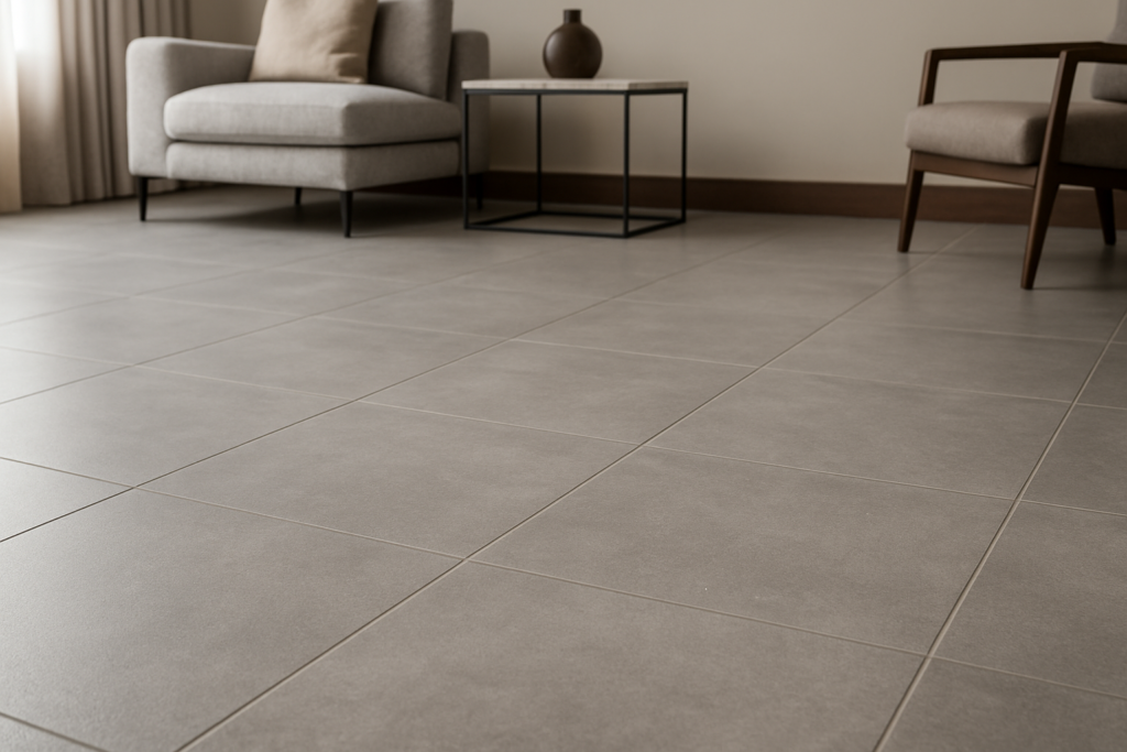 Piso Ceramico na cor neutra com rejunte que acompanha a sua cor tornando quase invisível