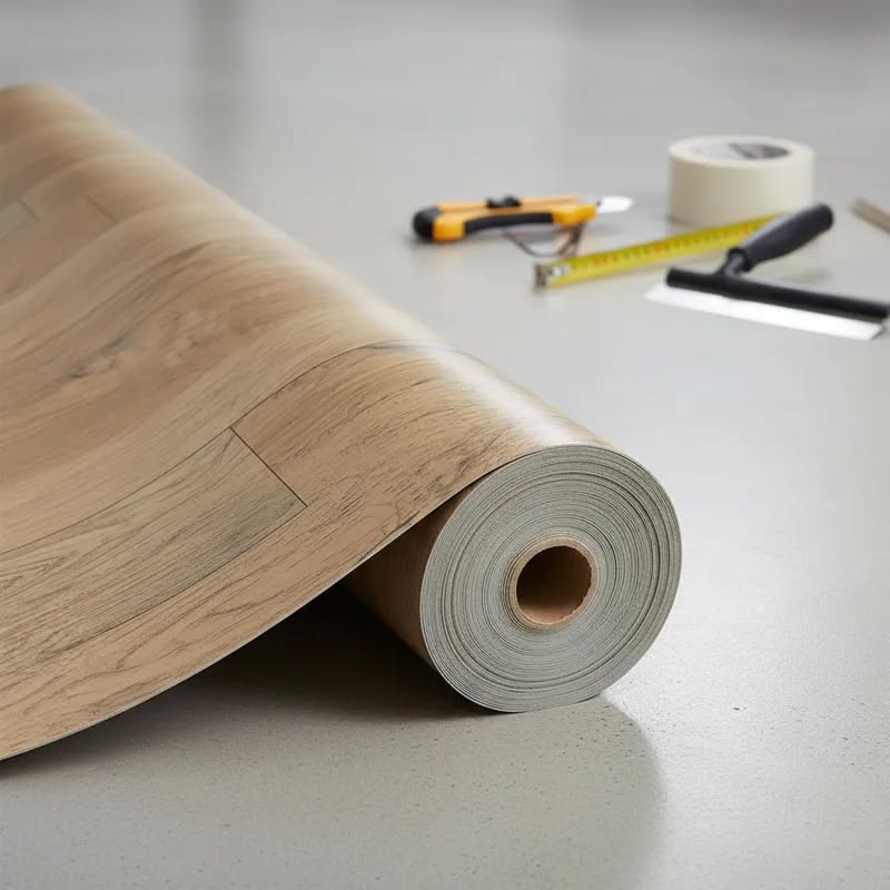 Rolo de piso vinílico em instalação mostrando a flexibilidade do material